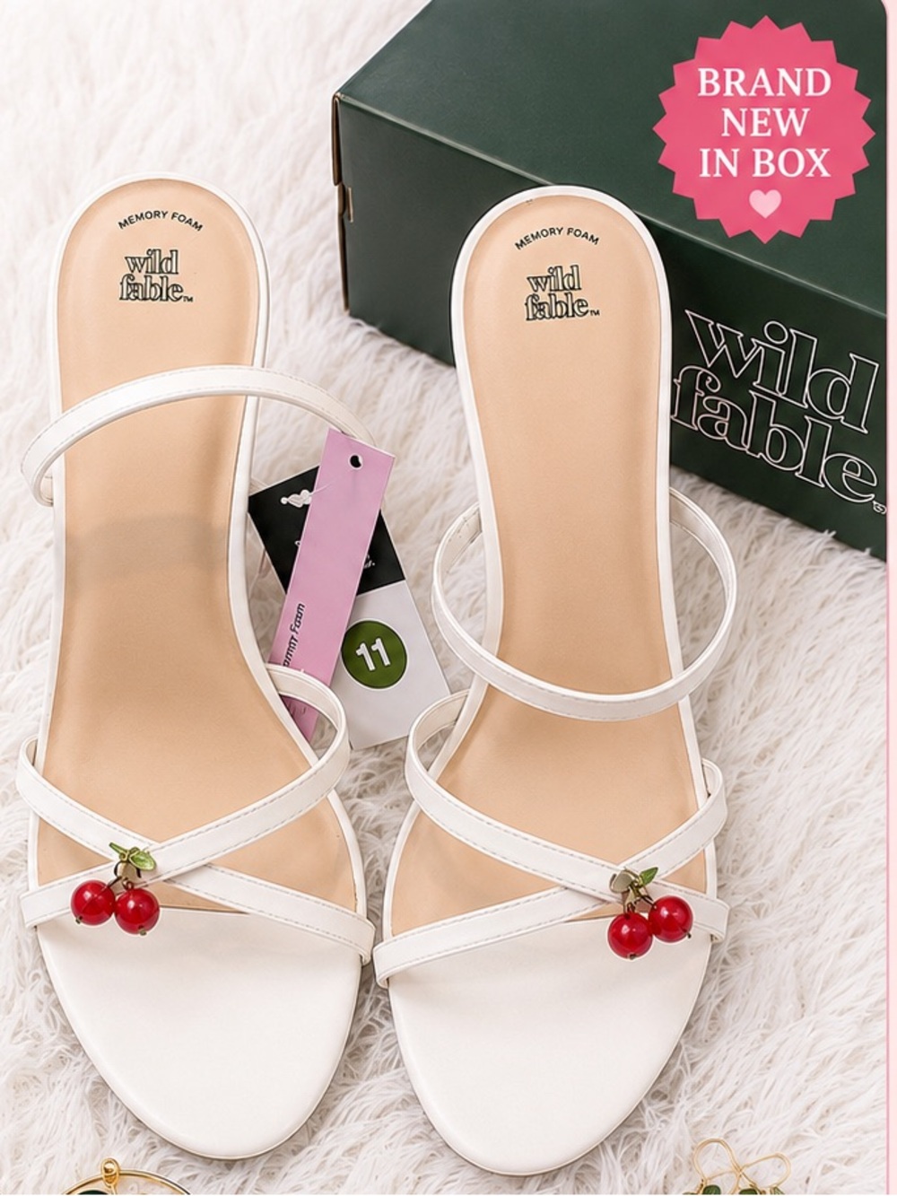 🍒 NWT Wild Fable Cherry Charm Memory Foam Heels Size 11 | Cream Strappy Sandals